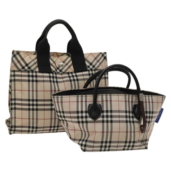 BURBERRY Nova Check Blue Label Hand Bag Nylon 2Set Beige Silver Auth kk488 - Picture 1 of 12